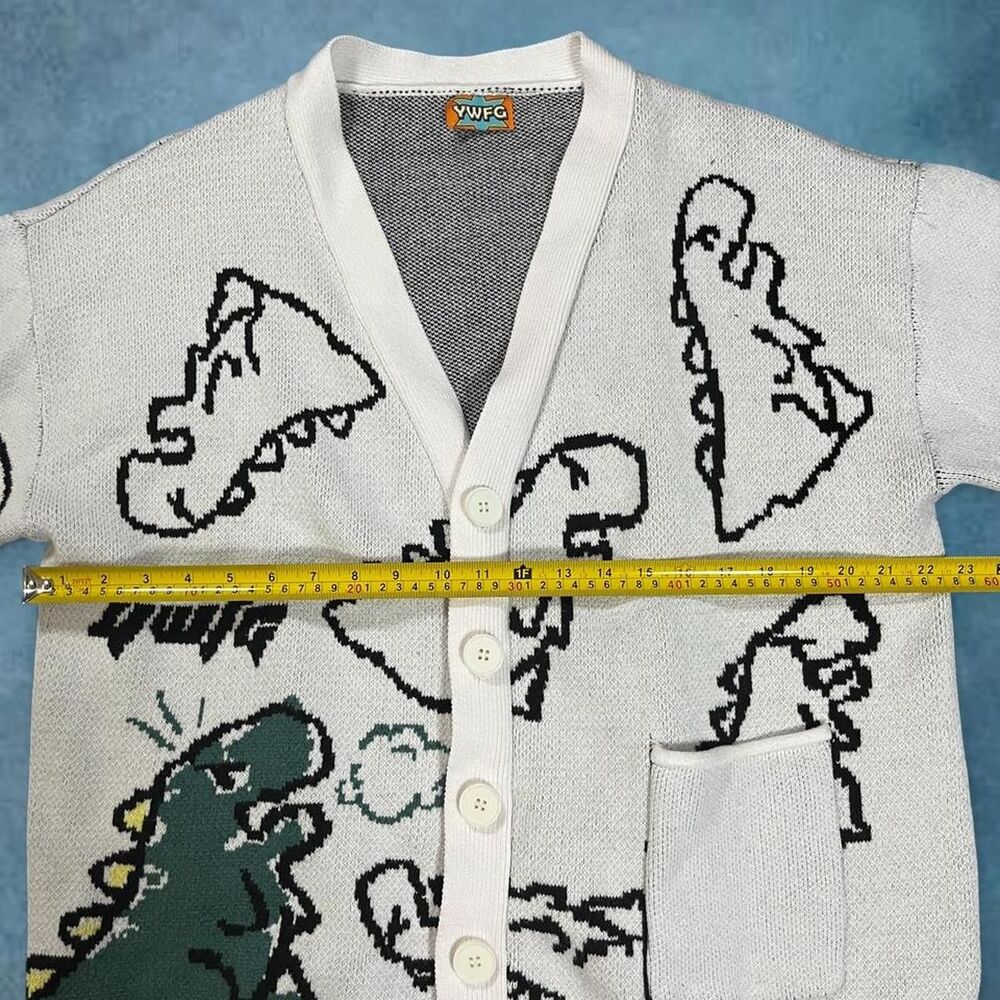 Women’s YWFG white cardigan sweater with dinosaurs oversized cozy - Picture 3 of 6